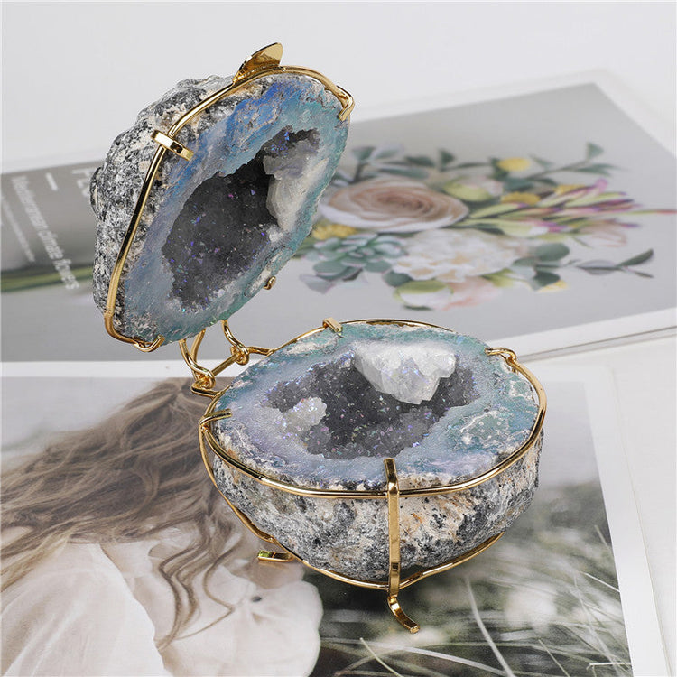 Handcrafted Raw Agate Crystal Geode Jewelry Box with natural stone detailing, perfect for storing precious items in an elegant, earthy style.