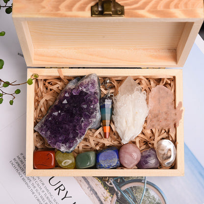 Unlock Your Energy: Chakra Healing Wooden Box Set with Amethyst & Crystal Stones