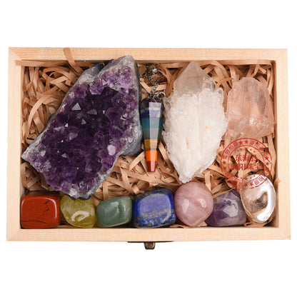 Unlock Your Energy: Chakra Healing Wooden Box Set with Amethyst & Crystal Stones