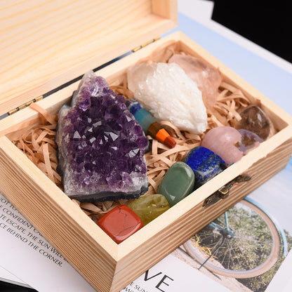 Unlock Your Energy: Chakra Healing Wooden Box Set with Amethyst & Crystal Stones