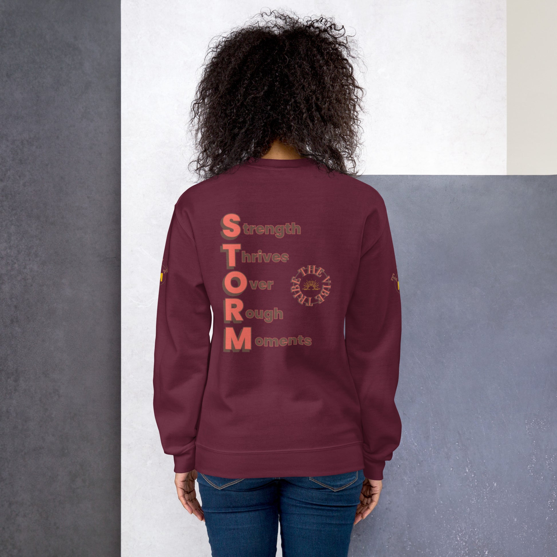 Minimalist back view of STORM Maroon Colored Unisex Graphic Sweatshirt – durable, high-quality cotton-polyester blend for all-day comfort and style.